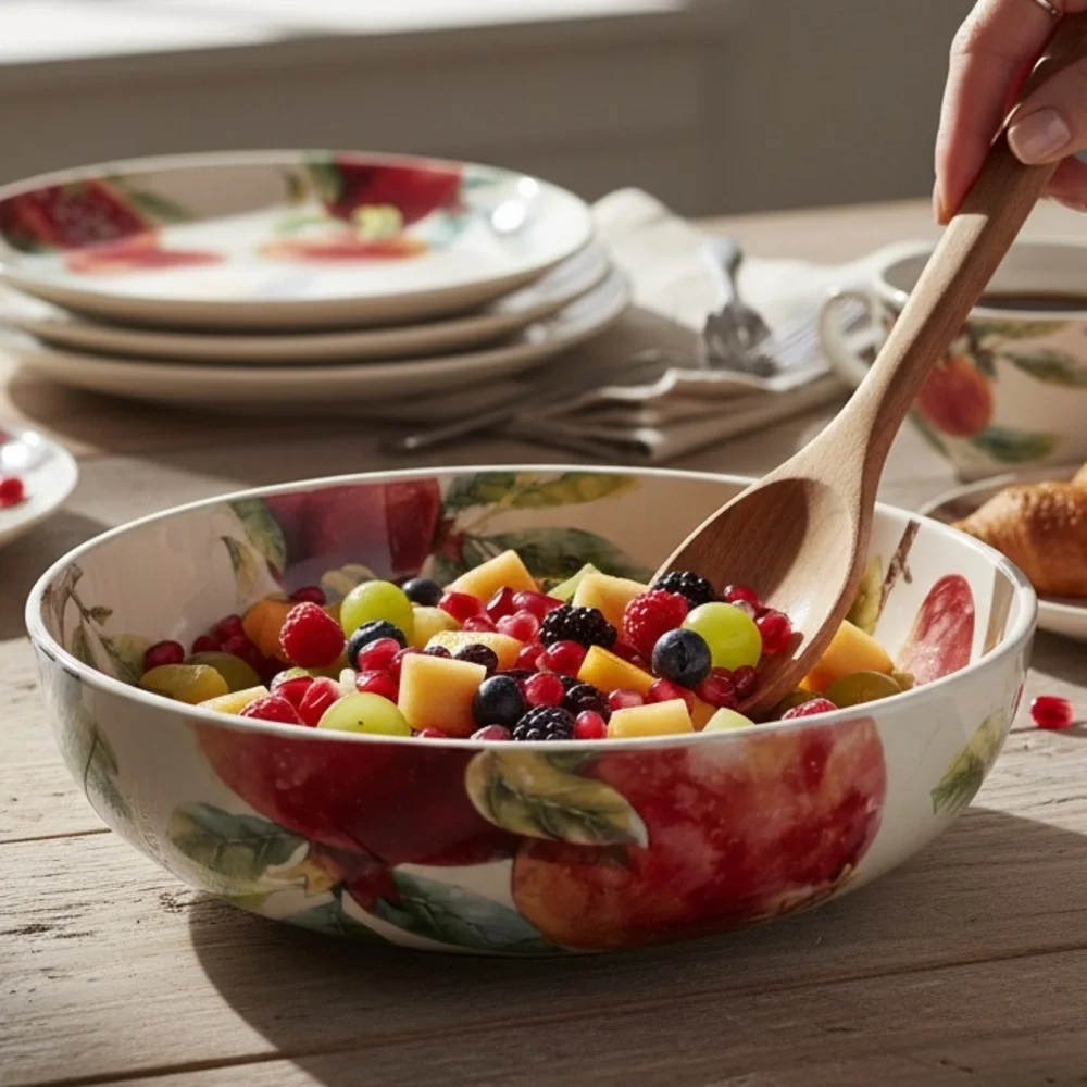 Pier 1 Fruit Motif Large White Serving Bowl Green, Yellow, Red, Purple Accents